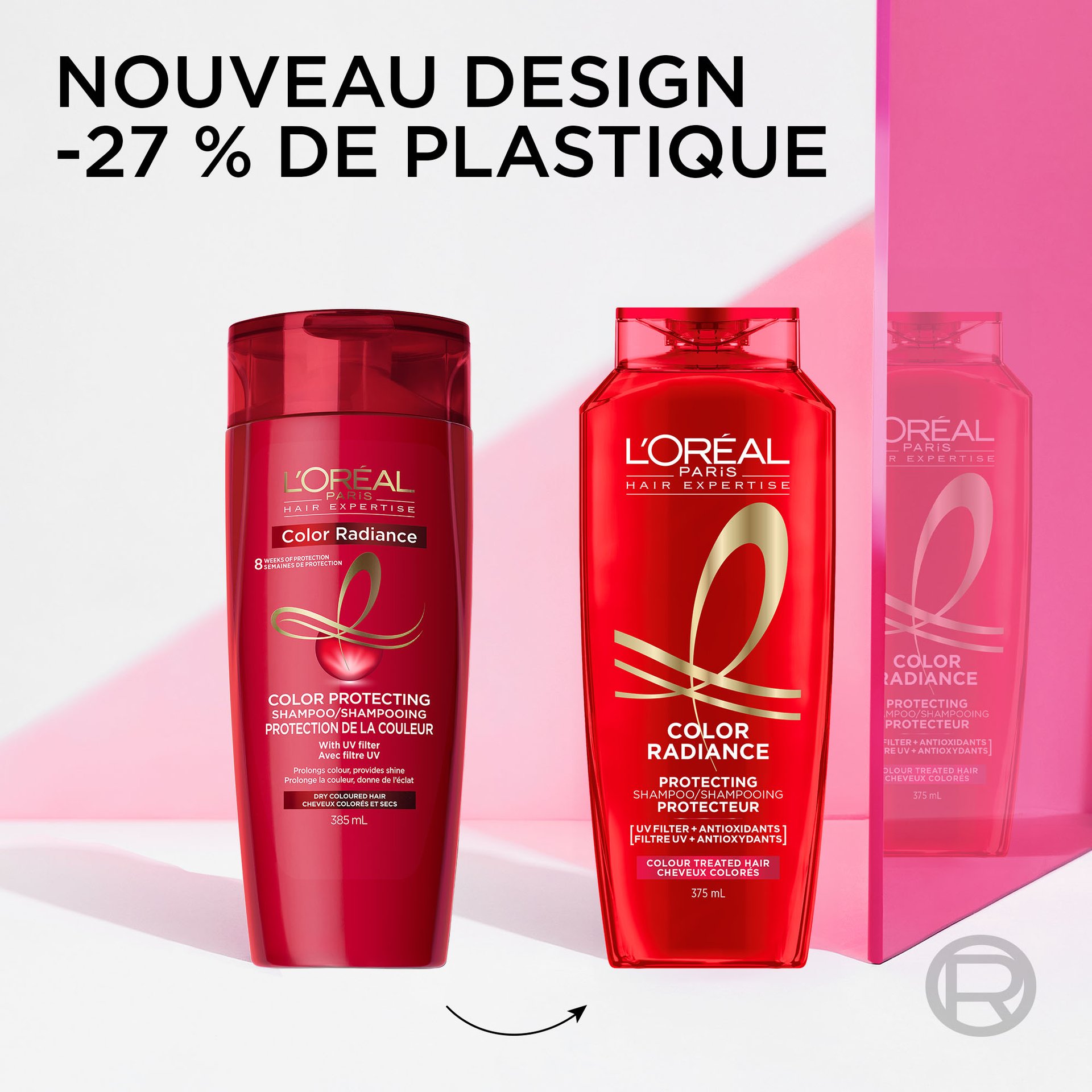 Ancien et nouveau packaging du shamping color radiance avec 27% de moins de plastique